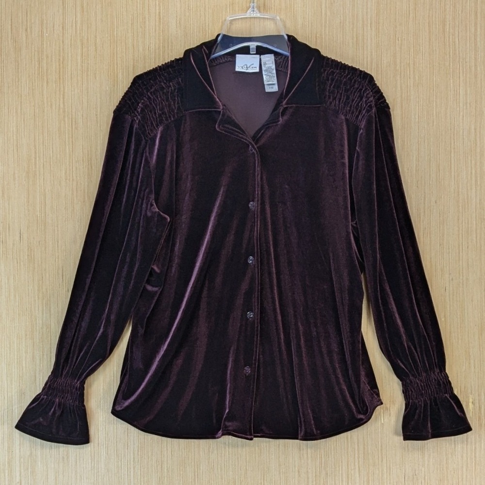 Womens Vintage 90s Gothic Victorian Witchy Velvet Smocked Blouse Size L Purple